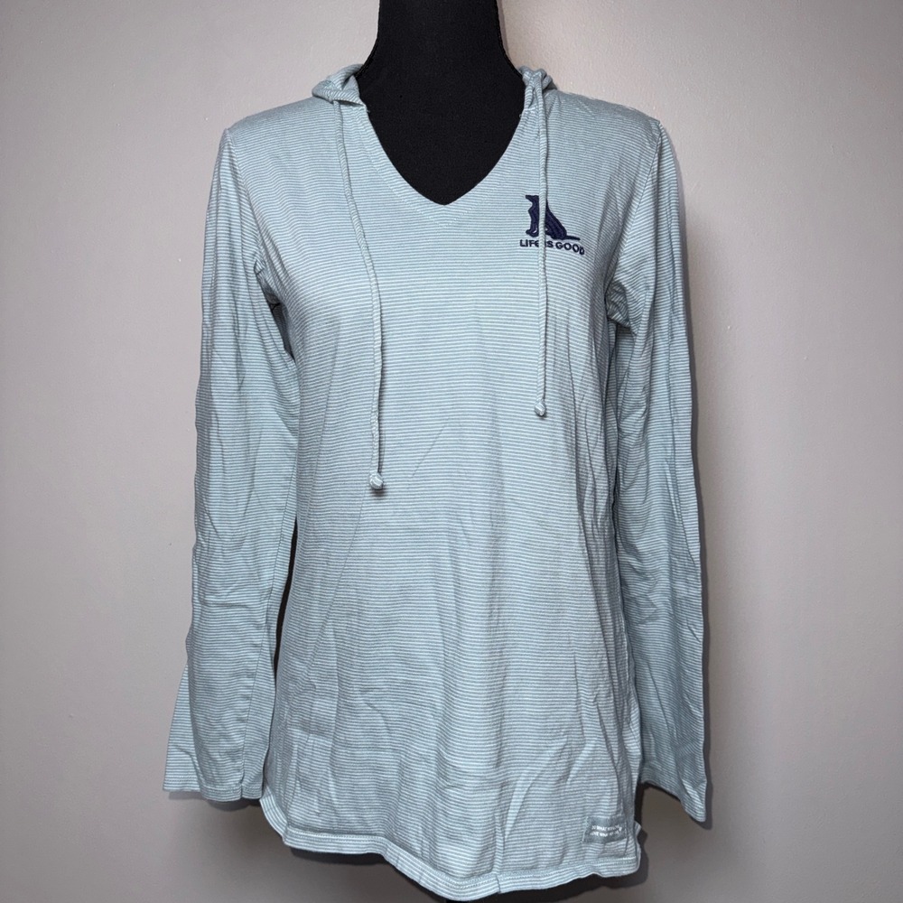 Life is Good Crusher-Lite Hoodie Womens Small Blue Striped Long Sleeve V-Neck